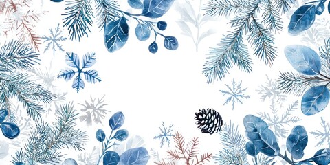 A watercolor illustration of a winter scene with blue and white winter foliage, including pine branches, snowflakes, and berries, set against a white background.