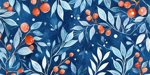 A blue and white watercolor painting of a winter scene with berries and leaves on a dark blue background.