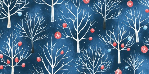 A winter scene with white trees, red and blue ornaments, and a blue background.