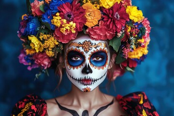 Woman with intricate skull makeup adorned with vibrant floral headpiece celebrating cultural traditions in a brightly colored setting