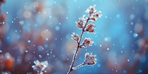 A frozen branch with ice crystals and snowflakes against a blue and purple background.