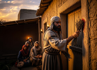 Passover in Egypt &ndash; Hebrew Man Painting Lamb&rsquo;s Blood on Doorpost at Twilight, Sacred Act of Protection During the Tenth Plague from the Exodus