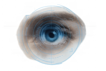 Scanning human eye with digital targeting interface, revealing advanced biometric technology for medical screening or identification purposes, isolated backdrop