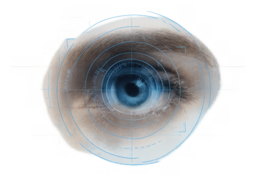 Scanning human eye with digital targeting interface, revealing advanced biometric technology for medical screening or identification purposes, isolated backdrop