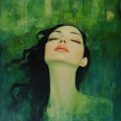 A serene, green-haired woman with closed eyes, surrounded by lush, verdant foliage, in a lush, green forest setting.