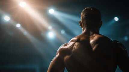 A man with a muscular back is standing in front of a crowd