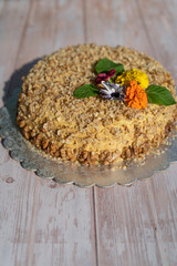 Delicious wheat cake on a rustic wooden background