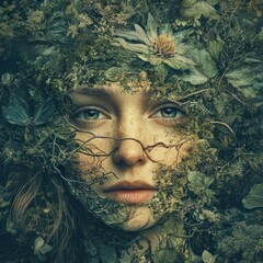 A woman's face adorned with a forest of leaves and flowers, set against a lush green background.