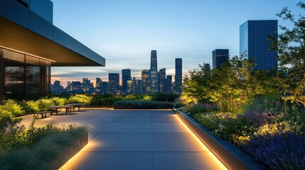 Fototapeta premium Urban Oasis: Rooftop Garden with City Skyline at Dusk