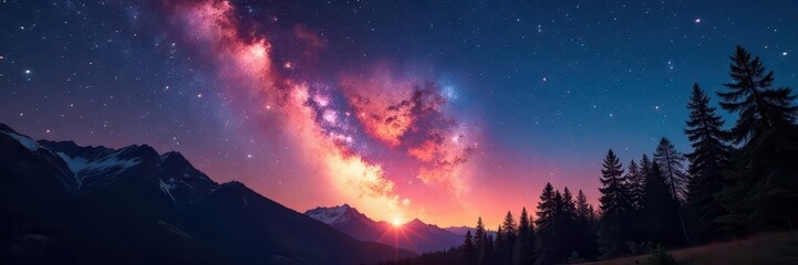 Naklejka premium Fiery meteor shower explodes across a star-filled night sky, illuminating majestic trees , dazzling, astrophotography