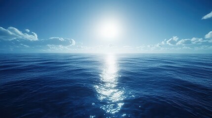 Fototapeta premium Blue ocean reflects sunlight under a cloudy sky. Ideal for travel, meditation, or spiritual projects.