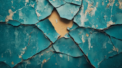Chipped turquoise paint reveals yellow wall underneath in an old, weathered setting