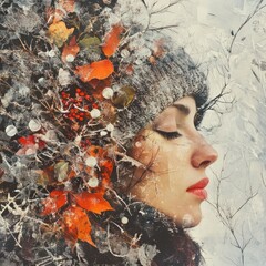 A woman with a winter hat and scarf, surrounded by snowy branches and leaves, with a serene expression on her face.