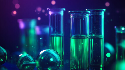 Colorful test tubes filled with liquid sitting on a lab table illuminated with vibrant lights at night