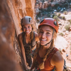 Fototapeta premium Two women are climbing a rock wall and smiling