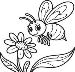 Adorable Bee and Daisy Illustration – Printable Black and White Art 