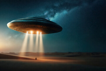 World UFO Day. Futuristic flying saucer hovers above desert landscape, illuminated by beams of light, creating an otherworldly atmosphere for exploration and wonder