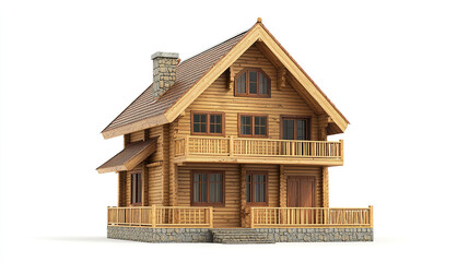 beautiful wooden house with stone chimney and balconies, showcasing rustic charm and elegance