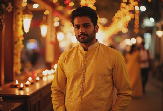 A man in a traditional yellow kurta celebrating Diwali festivities