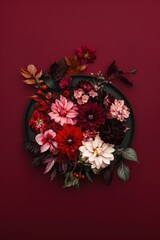 Elegant composition of rich red, burgundy, and blush flowers with dark foliage arranged on a black plate against a burgundy backdrop.