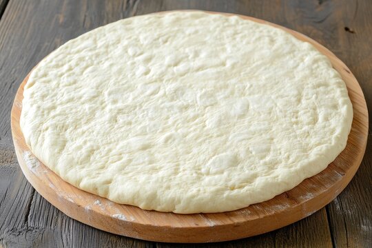 Raw pizza dough, freshly made on a floured wooden pizza board. Perfect for illustrating home cooking, Italian food, pizza recipes.
