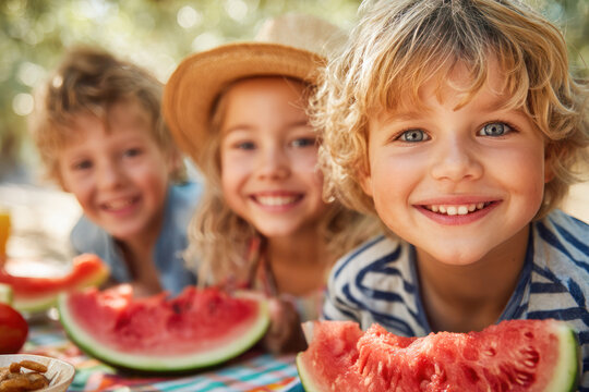 National Watermelon Month. Children enjoying watermelon slices at a picnic table with vibrant colors and joyful expressions celebrating summer fun