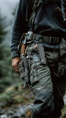 Obraz premium A man wearing a grey and black outfit with a red strap around his waist