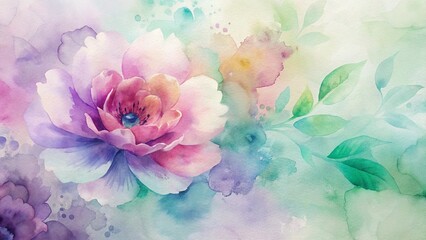 Watercolor pastel flower painting with green leaves