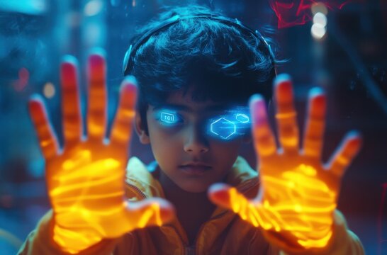 A futuristic high-resolution image of an Indian child with stylish hair using VR to interact with floating augmented reality icons