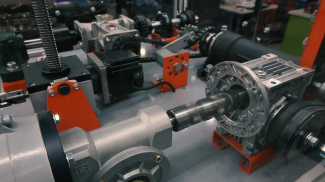 Close-up view of complex mechanical power transmission components including gearboxes, chains, sprockets, and shafts, highlighting engineering, technology, and industrial systems.