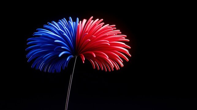 A display of red white and blue fireworks lights up the night sky celebrating a festive occasion. A vibrant pyrotechnic spectacle illuminates the evening atmosphere marking a joyous