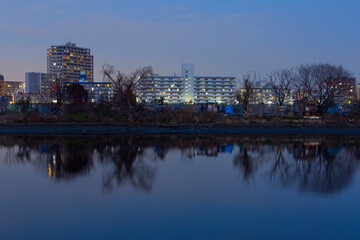 都市の川岸の風景