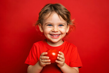 Adorable kid holding tomato vegetable and smiling over red studio background. Healthy relationship with food and child nutrition concept. Healthy baby food with vitamins and kids vegetarianism.