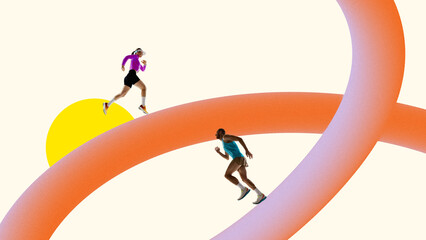 Conceptual art collage. Two athletes running on intertwined 3D gradient tracks with yellow sun in abstract minimal background. Concept of sport, athletic championship, tournament, action.