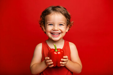 Adorable kid holding pepper vegetables and smiling over red studio background. Healthy relationship with food and child nutrition concept. Healthy baby food with vitamins and kids vegetarianism.
