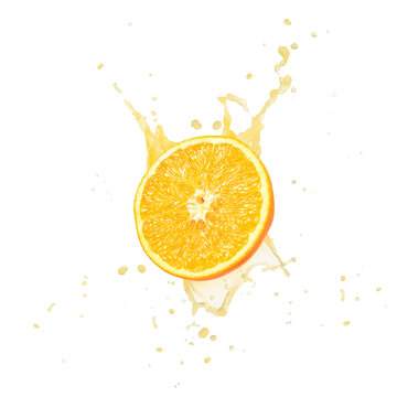 Slice of fresh orange fruit closeup in splashing  juice flying falling isolated on white background