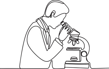 Continuous one line drawing of a scientist using a microscope in a laboratory, minimal outline vector illustration of medical research scene

