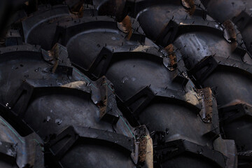 Closeup of agricultural tractor tire, farming vehicle tyre pattern