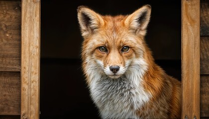 Obraz premium Enchanting Fox in a Vintage Photo Booth, Playful Eyes Sparkling Amidst Dappled Shadows, Capturing Whimsical Charm and Timeless Elegance.