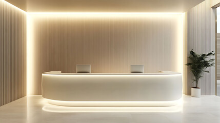 3D style: modern clinic reception desk with soft lighting