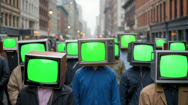 People walking down street with old televisions covering faces and green screens.