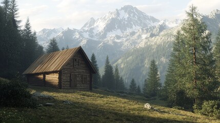 Wooden cabin in the mountains surrounded by trees.