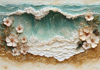 Detailed textured artwork of waves and flowers