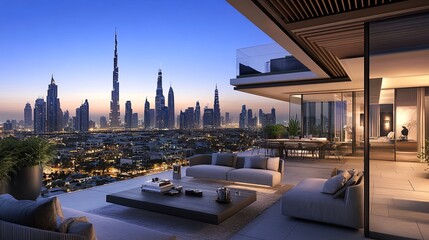 Obraz premium Luxury penthouse suite with a private terrace and stunning skyline views.