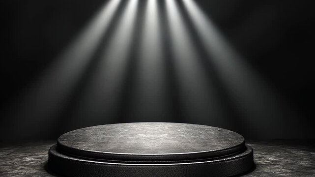 Empty round spotlight podium on dark studio background, elegant scene for product display with dramatic lighting
