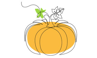 Autumn pumpkin Squash Vegetable Continuous Line Drawing.Halloween and Thanksgiving greeting card in simple linear style.