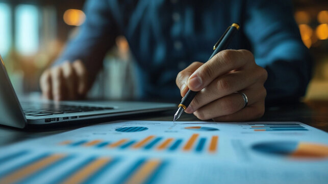 Close‑up of a businessman&rsquo;s hand with pen over printed charts and diagrams beside a laptop, analyzing financial reports, investment data, sales stats and performance trends.