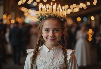 Girl celebrating Saint Lucia's Day in Sweden, wearing a crown of candles