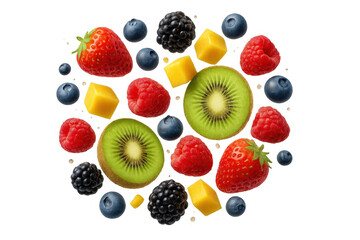 Colorful assortment of ripe strawberries, raspberries, blueberries, blackberries, kiwi, and mango pieces arranged on transparent surface, showcasing fresh summer flavors