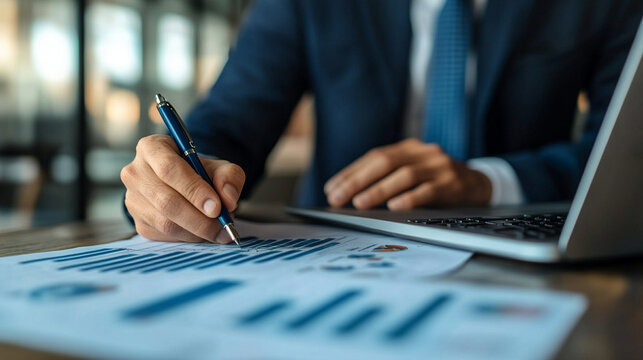 Close‑up of a businessman&rsquo;s hand with pen over printed charts and diagrams beside a laptop, analyzing financial reports, investment data, sales stats and performance trends.